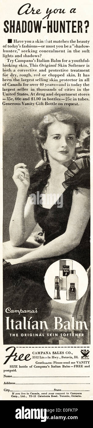 Negli anni trenta la pubblicità per la CAPANA italiano del balsamo nella rivista americana datato dicembre 1934 Foto Stock