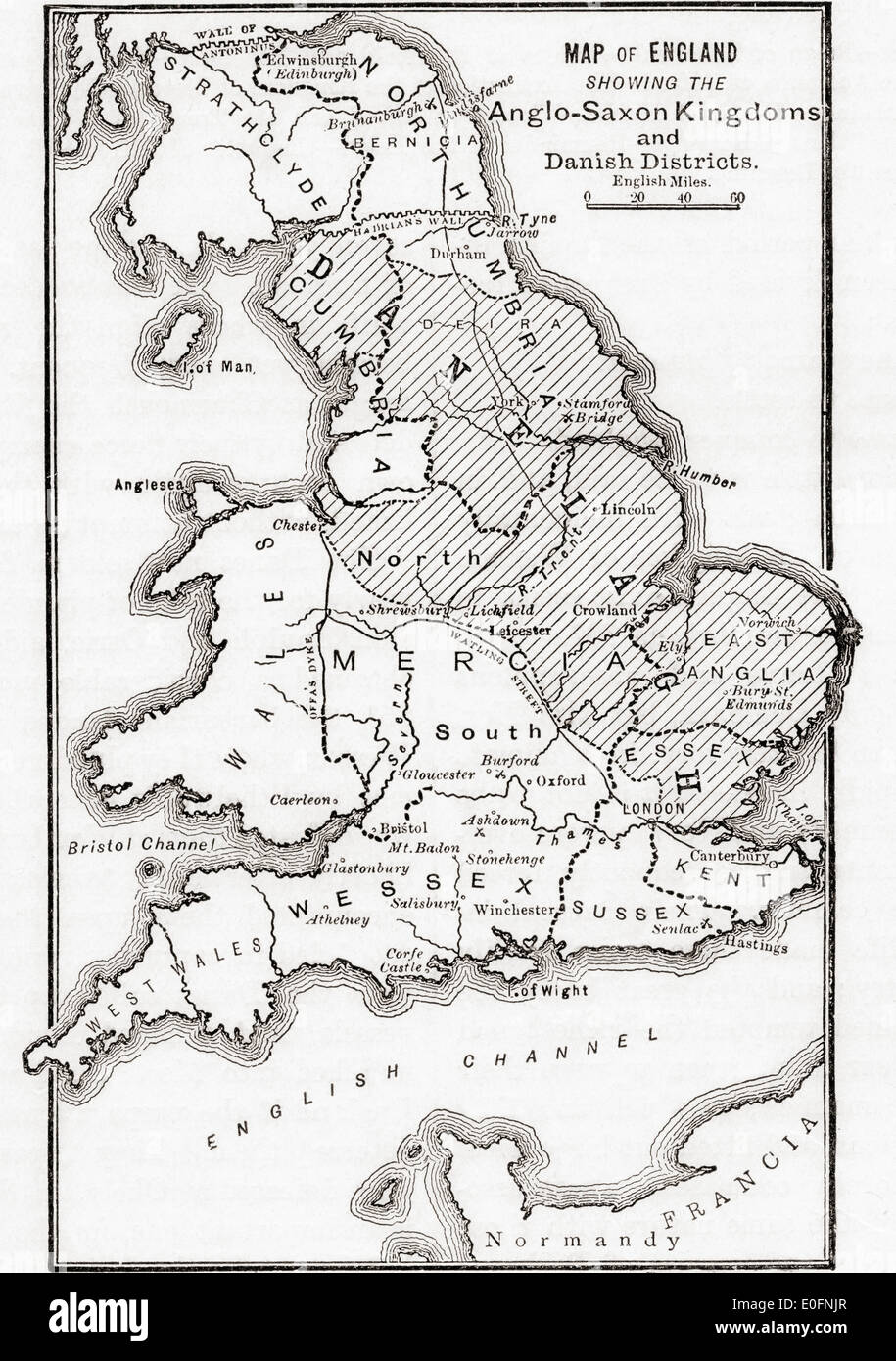 Mappa di Inghilterra che mostra i Regni anglosassoni e distretti danese nel primo secolo. Foto Stock