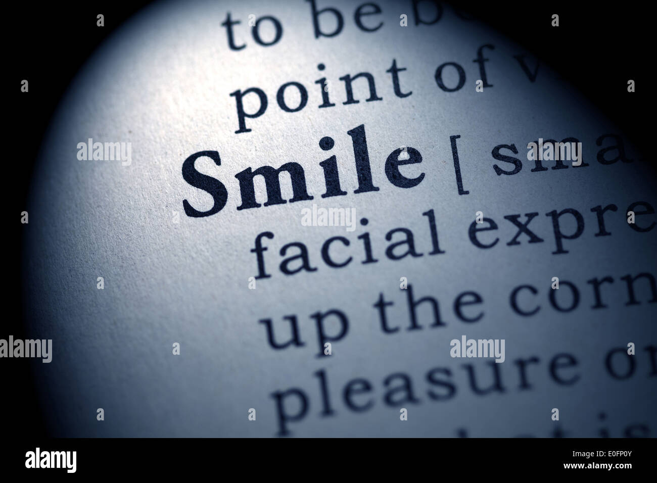 Fake Dizionario, definizione del dizionario della parola sorriso. Foto Stock