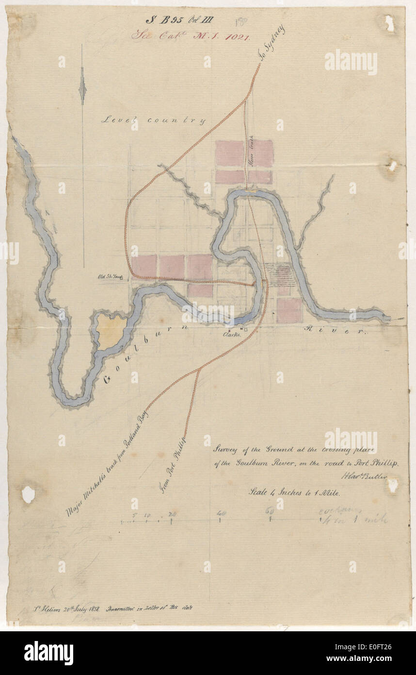 Surveyor General's schizzo libri, sondaggio della massa in corrispondenza del luogo crosssing di Goulburn River sulla strada di Port Phillip Foto Stock