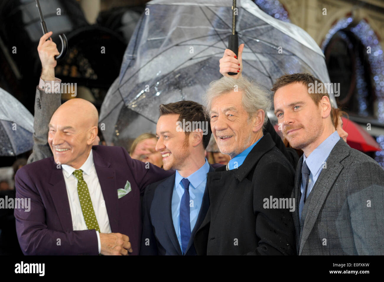 Cast assiste gli X-MEN: GIORNI DI FUTURO PASSATO UK PREMIERE su 12/05/2014 di Odeon Leicester Square, Londra. Persone nella foto: Patrick Stewart, James McAvoy, Sir Ian McKellen, Michael Fassbender . Foto di Julie Edwards Foto Stock