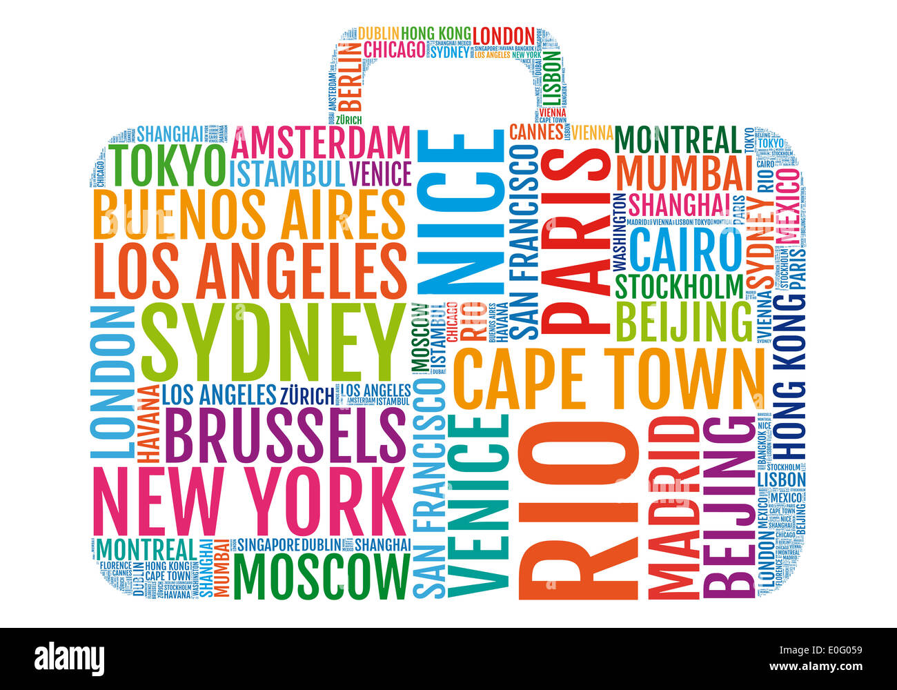 Viaggiando, colorata città viaggio valigia , illustrazione vettoriale Foto Stock