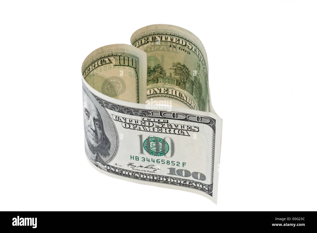 100 dollari di banconota in forma di cuore, 100 Dollar Geldschein in Herzform Foto Stock