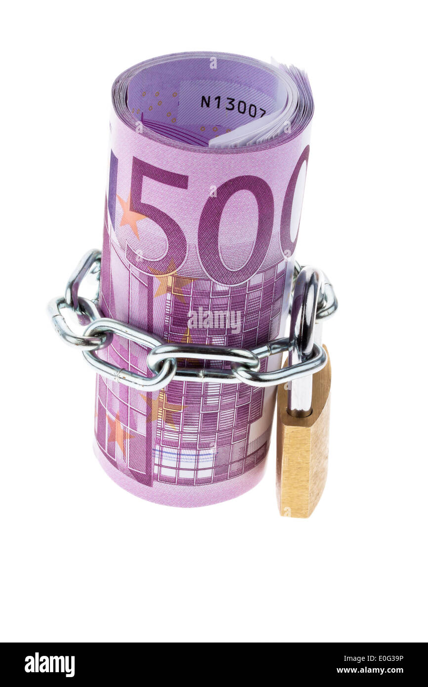 500 euro della banca nota ha concluso con una catena, 500 Euro Geldschein abgeschlossen mit einer Kette Foto Stock