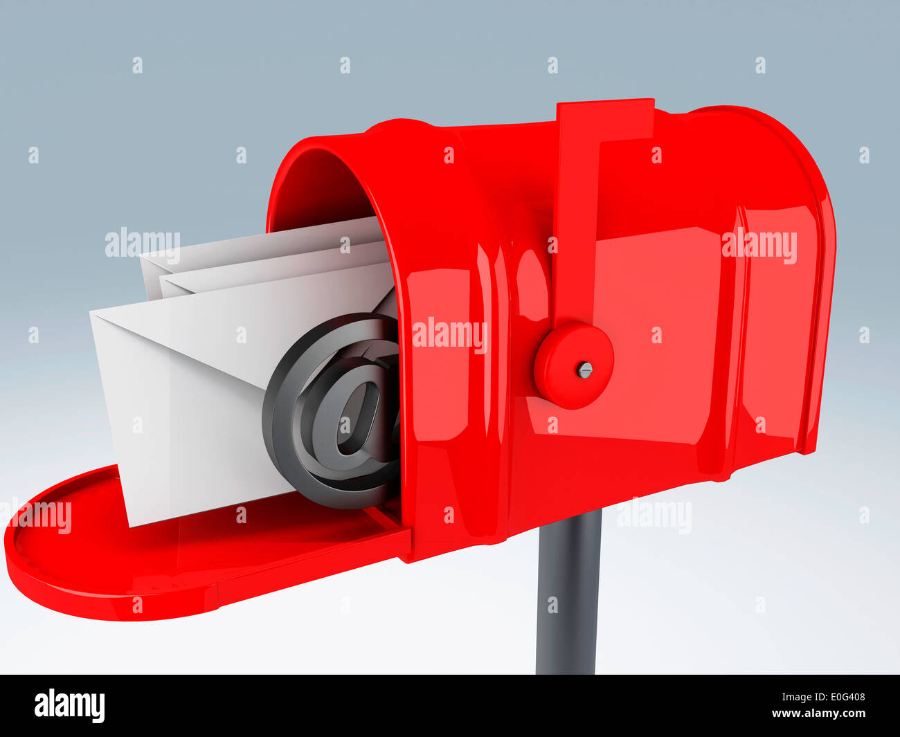 Rosso nella casella di posta con il mucchio di lettere. 3D illustrazione Foto Stock