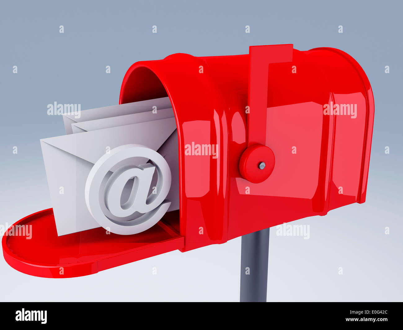 Rosso nella casella di posta con il mucchio di lettere e al simbolo. 3D illustrazione Foto Stock