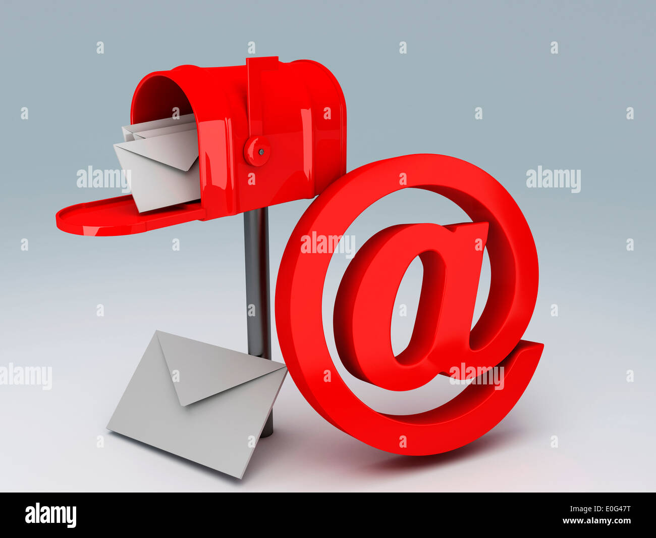 Immagine di rosso nella casella di posta con il mucchio di lettere e al simbolo. 3D illustrazione Foto Stock