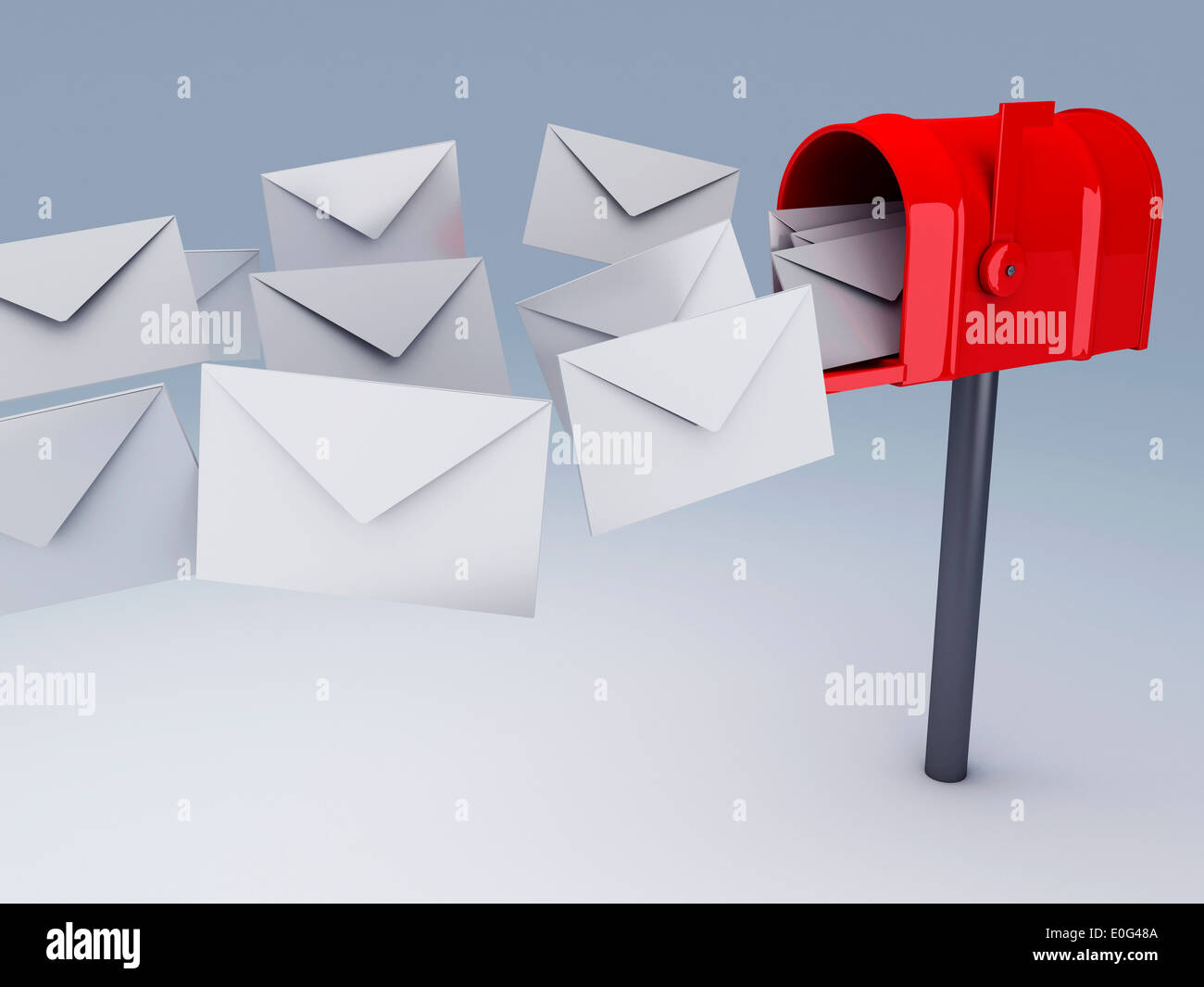 Rosso nella casella di posta con il mucchio di lettere. 3D illustrazione Foto Stock