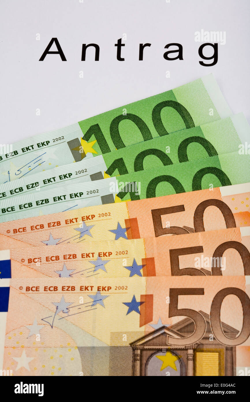 Applicazione e banconote, Antrag und Geldscheine Foto Stock