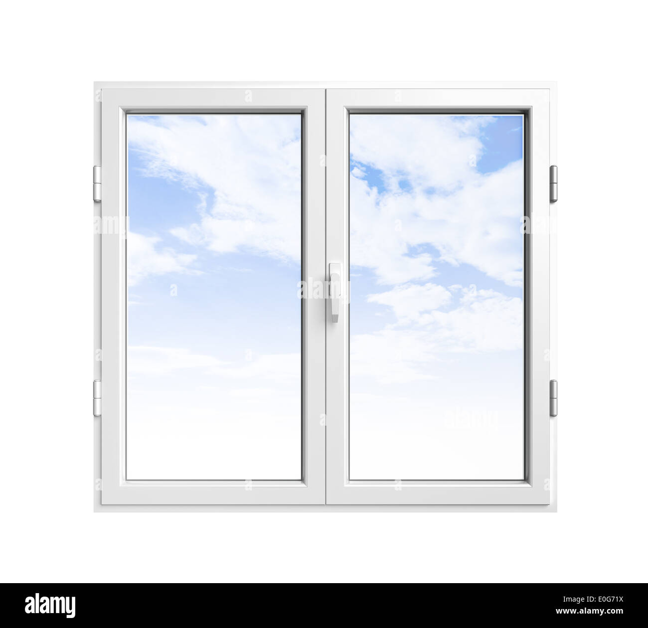 Finestra in PVC con cielo blu dietro isolati su sfondo bianco Foto Stock