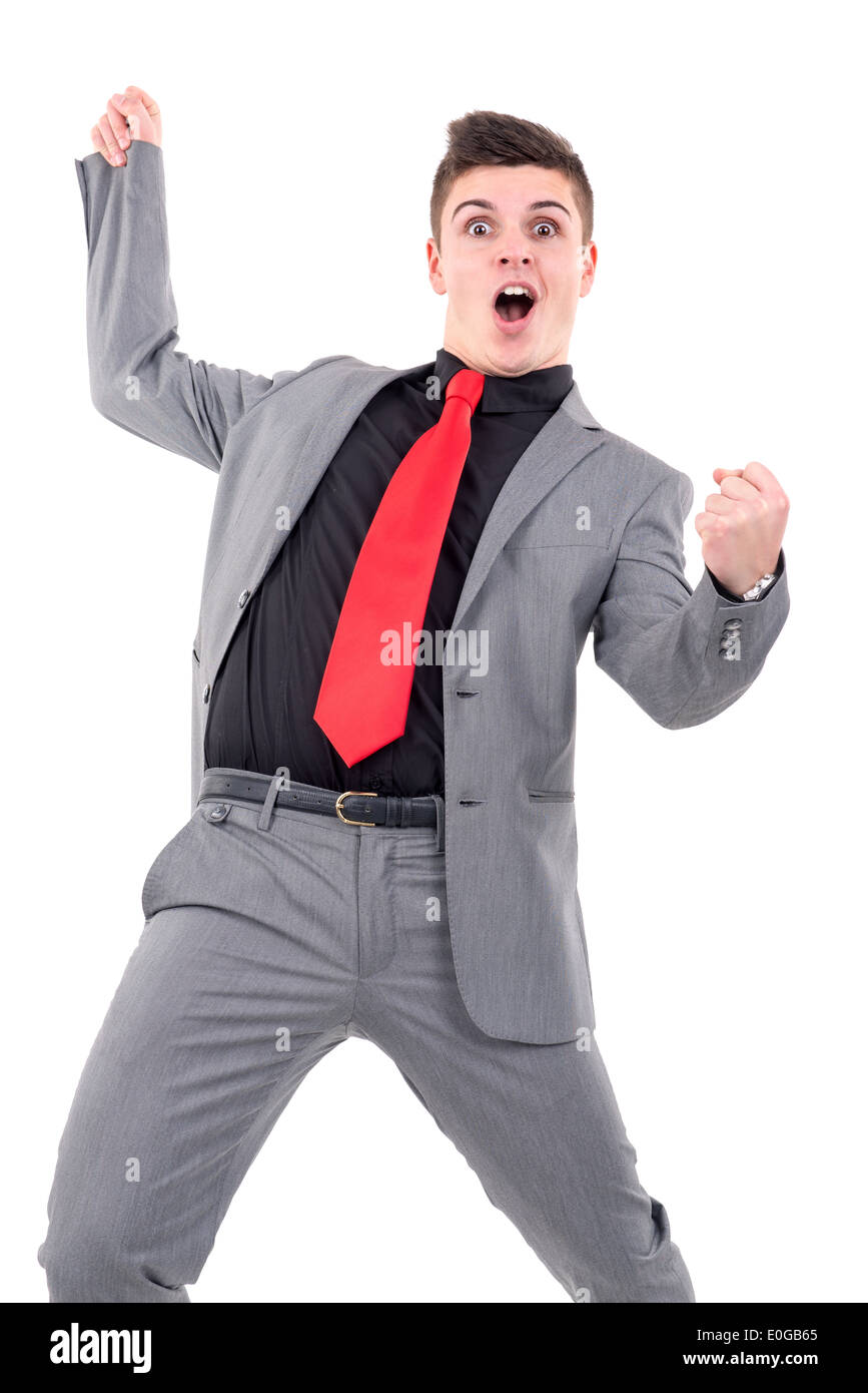 Happy businessman celebrando isolato in bianco Foto Stock