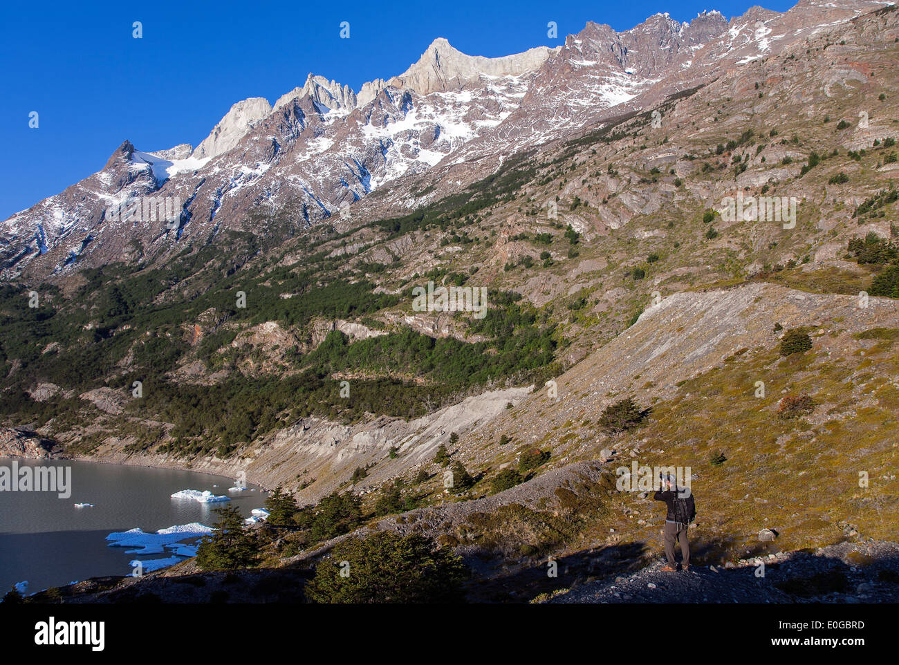 Fotografo vicino ghiacciaio Grey. Parco Nazionale di Torres del Paine. La Patagonia. Cile Foto Stock