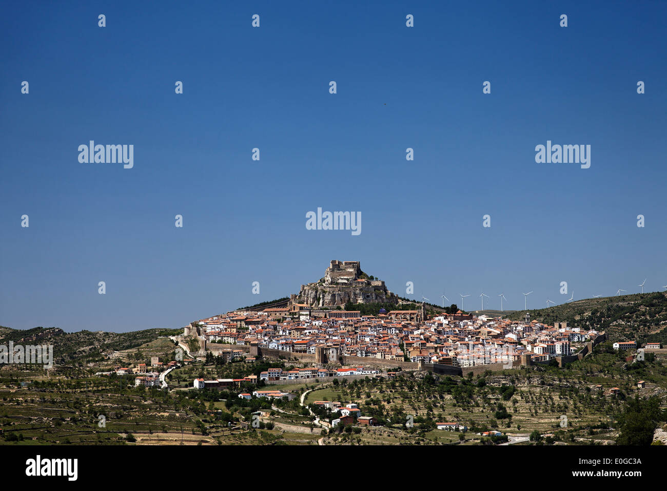 Paesaggio con castello, Morella, Castellon, Costa del Azahar, Provincia Castello, Spagna Foto Stock