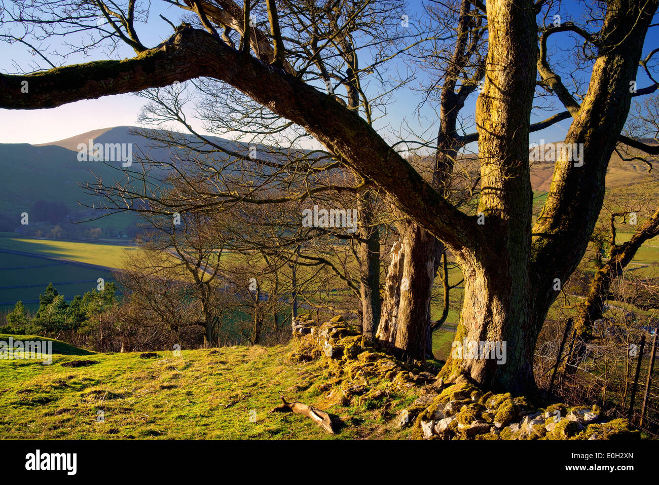UK,Derbyshire,Peak District,vista di Mam Tor da sopra il Castleton Foto Stock