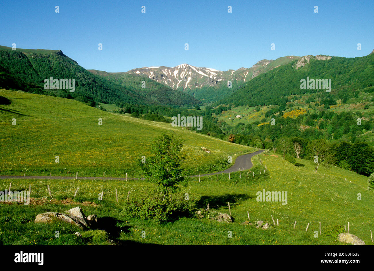 La valle di Chaudefour in primavera, Puy de Dome, Auvergne, Francia Foto Stock