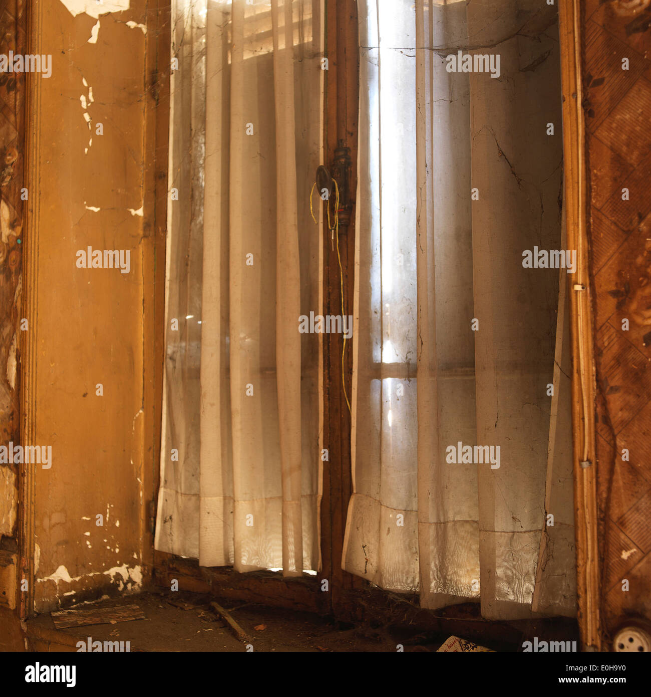 Vecchio net curtains in corrispondenza di una finestra ritagliata in una casa abbandonata Foto Stock
