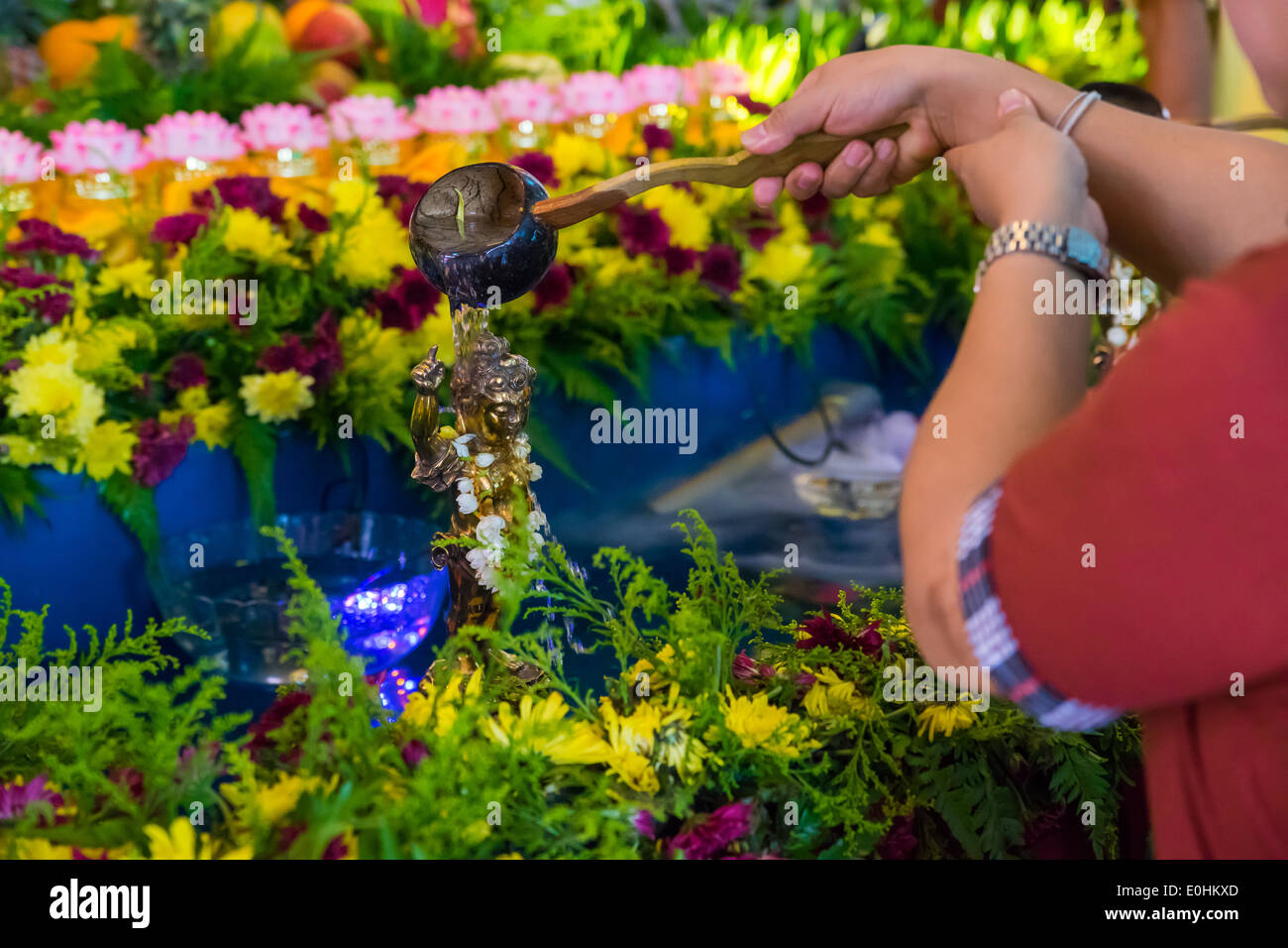 Un devoto sotto la doccia un bambino statua del Buddha in un tempio buddista in Penang durante il Vesak Day celebrazione. Vesak Day è un world wide celebrazione buddista. Foto Stock