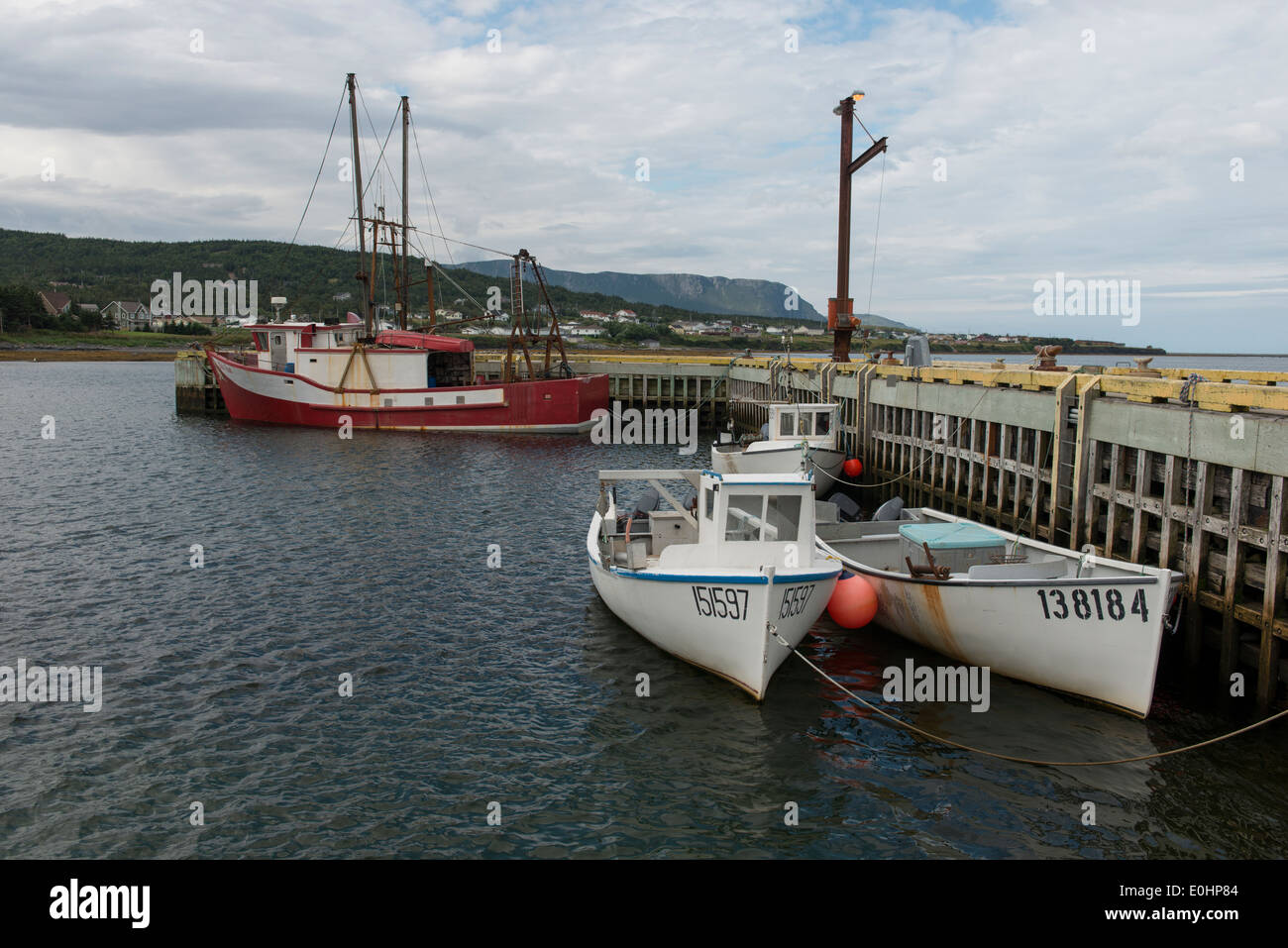 Imbarcazioni al dock, Rocky Harbour, Parco Nazionale Gros Morne, Terranova e Labrador, Canada Foto Stock