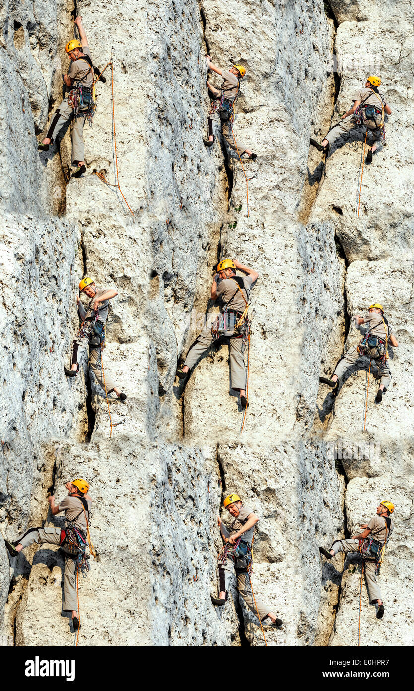 Collage di rocciatore in diverse posizioni. Foto Stock