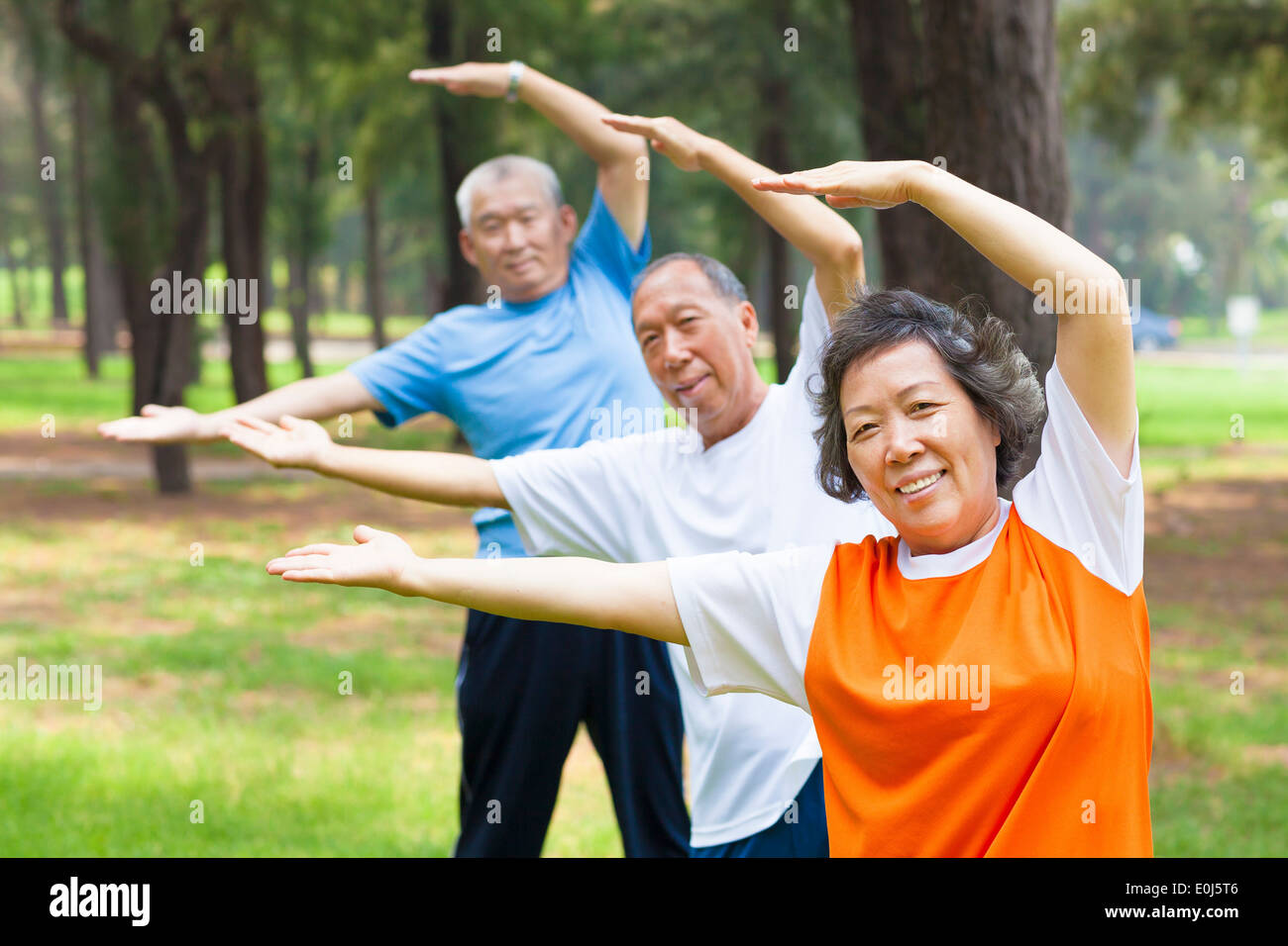 Gli anziani facendo ginnastica nel parco Foto Stock