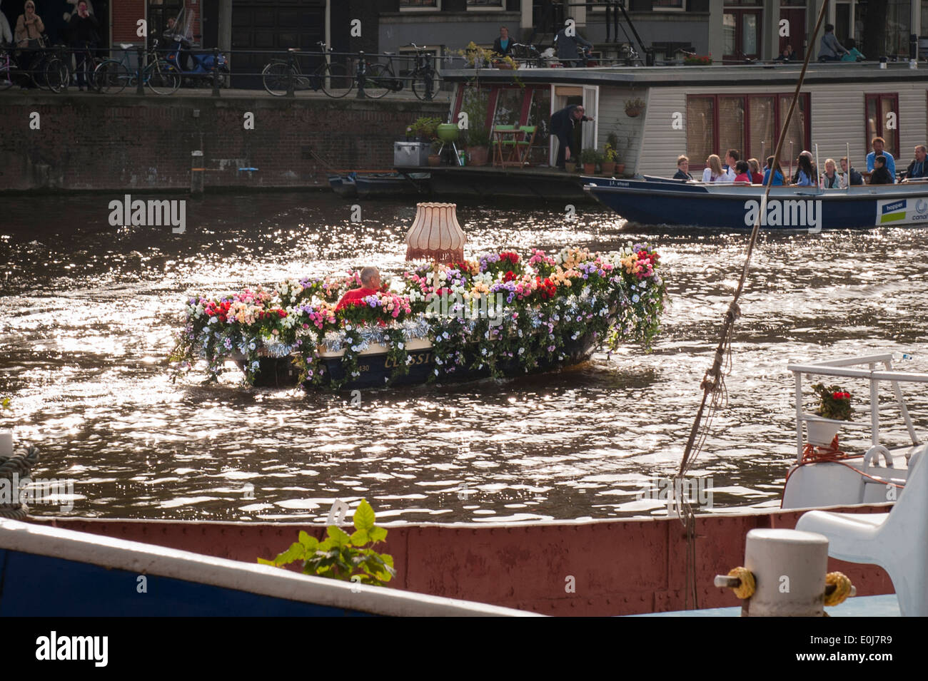 Holland , Paesi Bassi , Amsterdam City , canal imbarcazione a motore di lancio grappoli coperti tulip tutti i colori standard dei colori di luce e ombra Foto Stock
