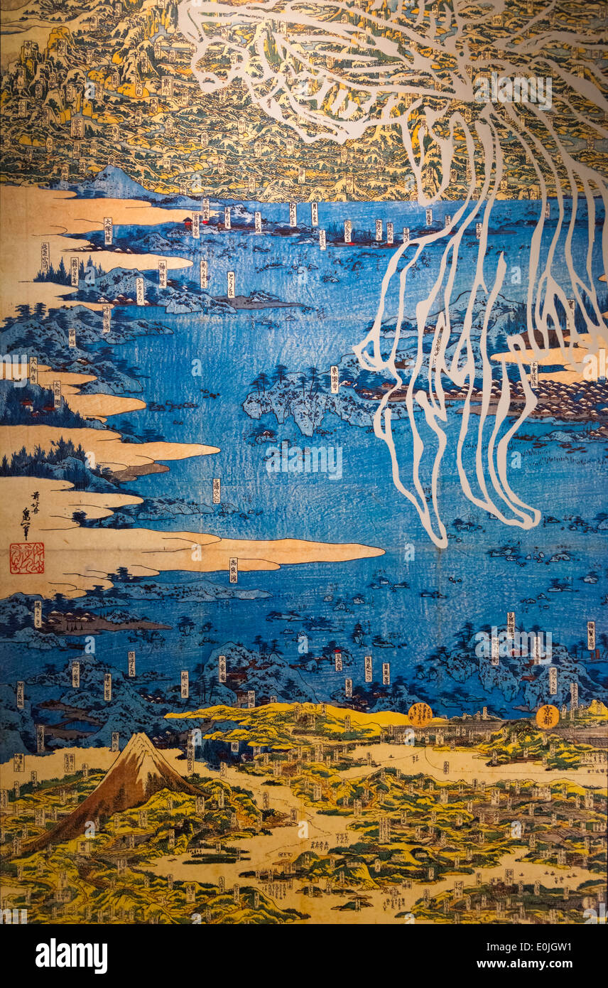 Ukiyo-e paesaggio dipinto raffigurante la mappa storica nei vecchi giorni, Giappone Foto Stock