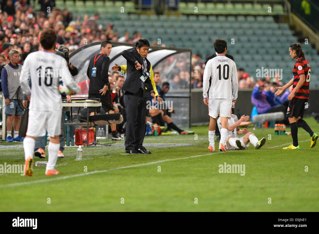 Sydney, Australia. 14 Maggio, 2014. Sanfrecce Hiroshima coach Hajime Moriyasu durante l'AFC Champions League tra Western Sydney Wanderers FC e Sanfrecce Hiroshima FC del Giappone dalla Pirtek Stadium, Parramatta. Credito: Azione Sport Plus/Alamy Live News Foto Stock