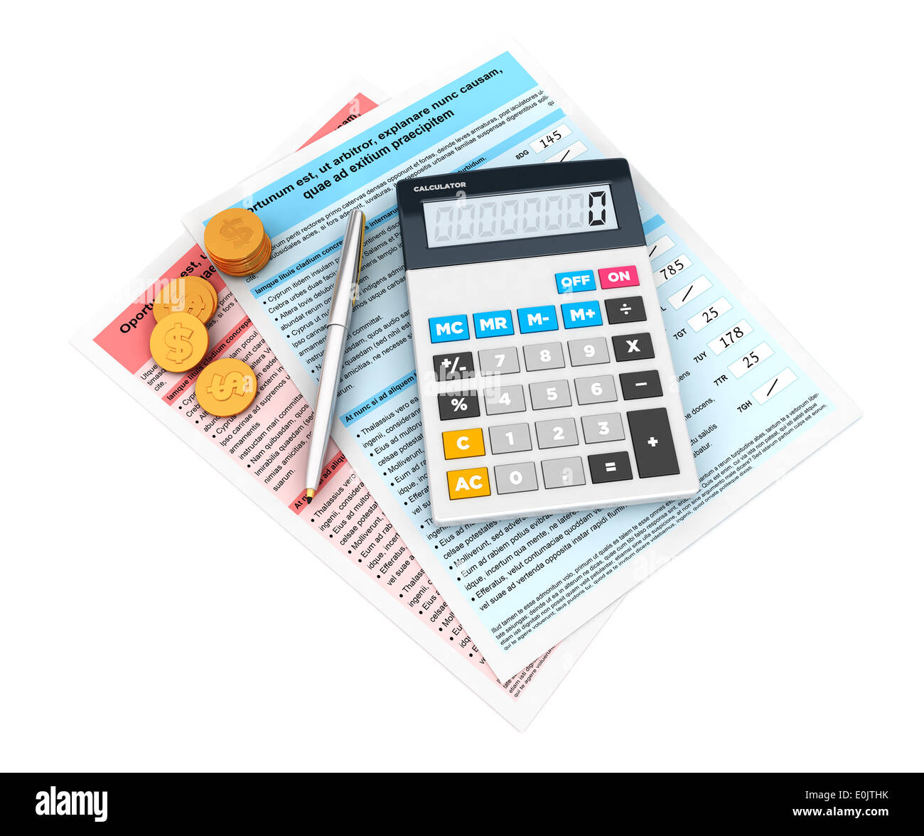 3d scheda finanziaria con una calcolatrice e valuta, isolato sfondo bianco, l'immagine 3D Foto Stock