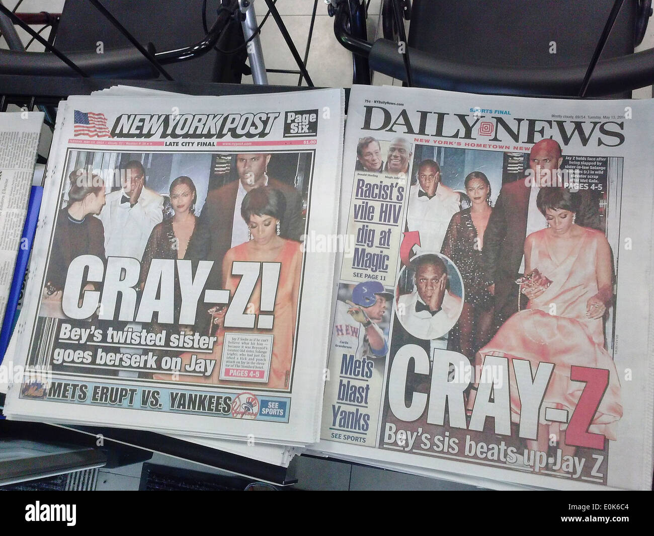 Le pagine anteriore e titoli includono la copertura di perdite di riprese di alterco tra rapper Jay Z e Solange Knowles Piaget Foto Stock