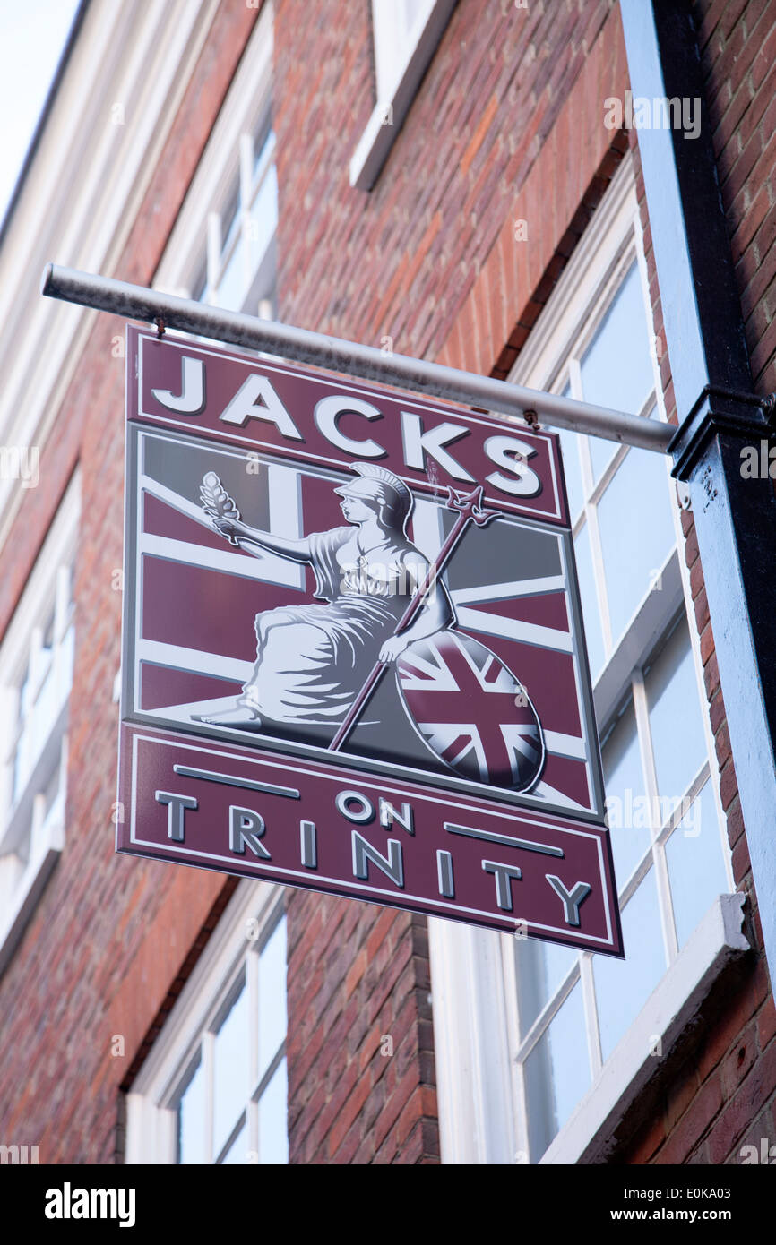 Jack sul Trinity Shop segno; Cambridge, Inghilterra, Regno Unito Foto Stock