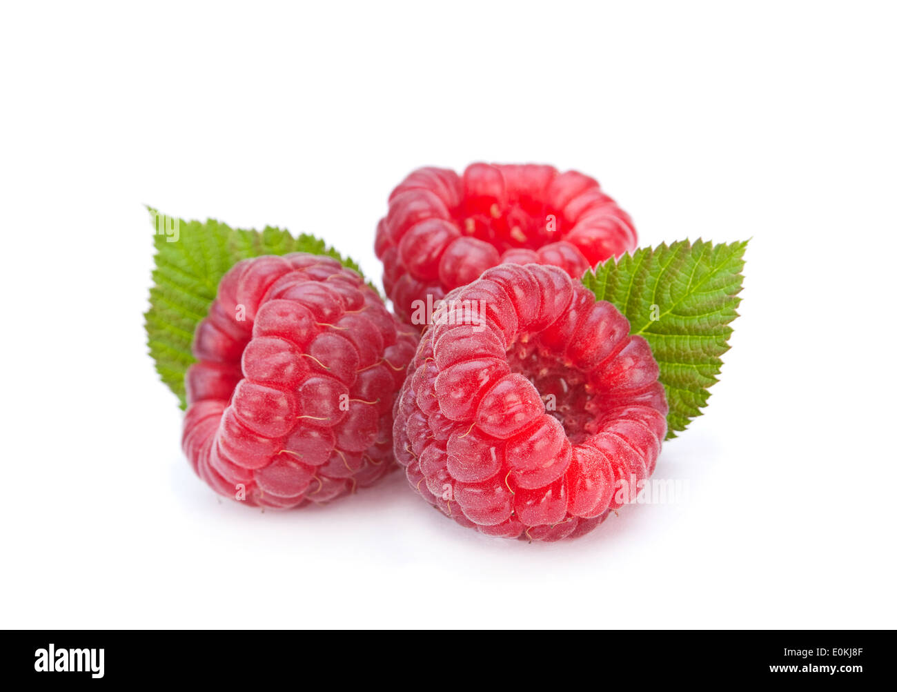 Lampone frutti con foglie isolato su bianco Foto Stock