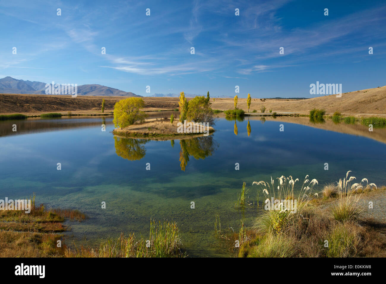 Loch Cameron in autunno, vicino a Twizel, Mackenzie paese, Isola del Sud, Nuova Zelanda Foto Stock