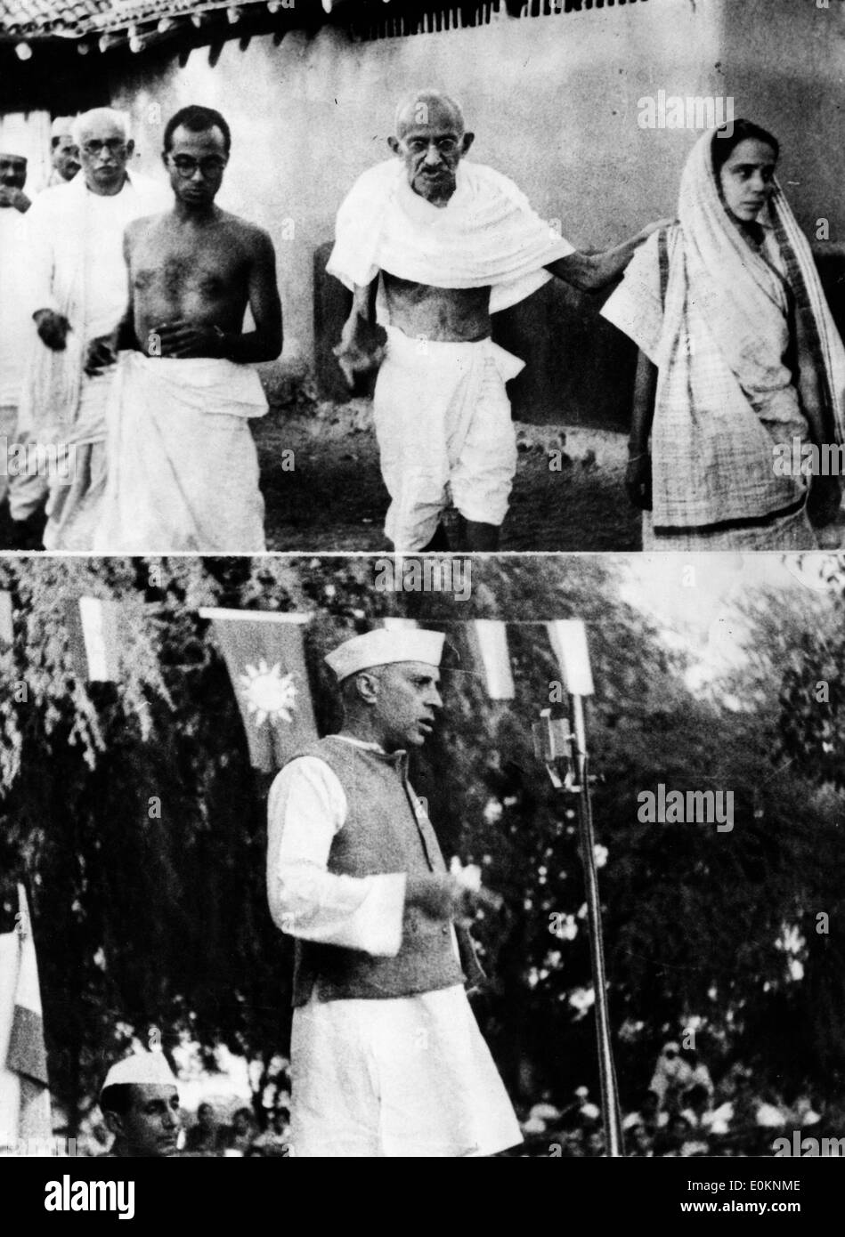Il Mahatma Gandhi con i suoi segretari e collaboratori Foto Stock