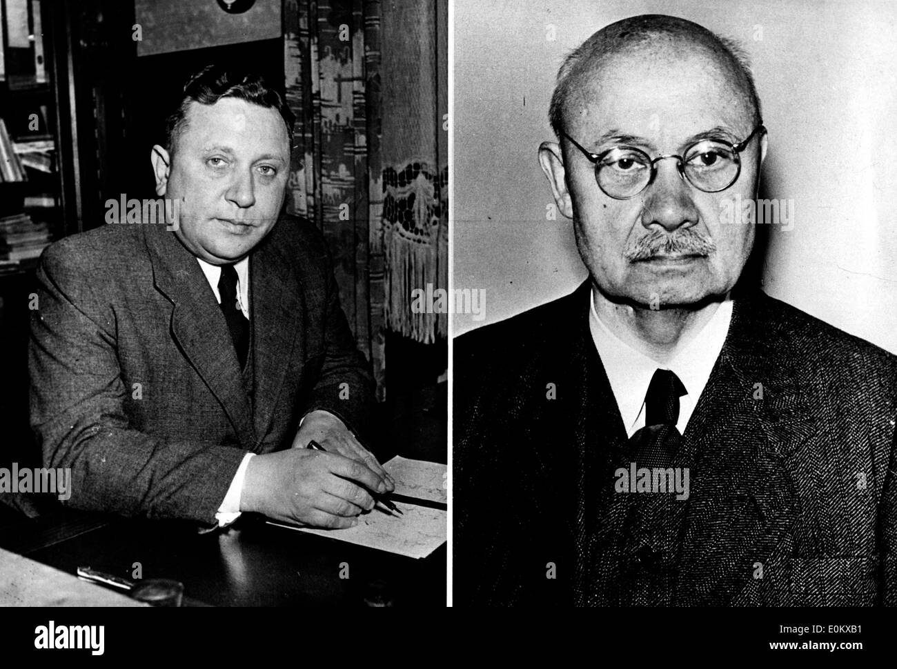 Nov 13, 1950; Colonia, Germania; il 1950 il Premio Nobel per la chimica è stato per il tw scienziati tedeschi, Professor Dr OTTO DIELS per la sua reputazione a livello mondiale circa i suoi studi sulla chimica organica e il prof. Dr. Kurt ontano, che come direttore dell'Istituto di chimica presso l'Università di Colonia specializzata la Experimental Chemistry. Il premio cerremony ha avuto luogo il 10 dicembre a Stoccolma per il re Gustav VI. La foto mostra un ritratto del prof. Otto Diels (R) e il prof. Dr. Kurt ontani (L). Foto Stock