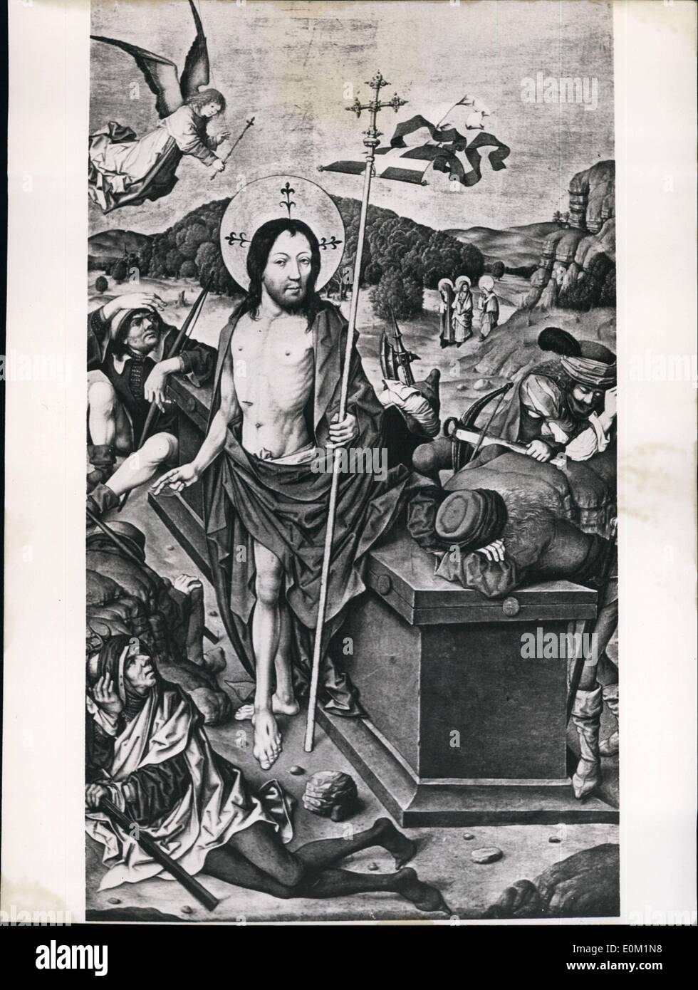 Mar 03, 1953 - Pasqua immagine decorativa: Foto mostra una riproduzione grafica da un artista sconosciuto da Dürer del dipinto della resurrezione di Cristo. Foto Stock