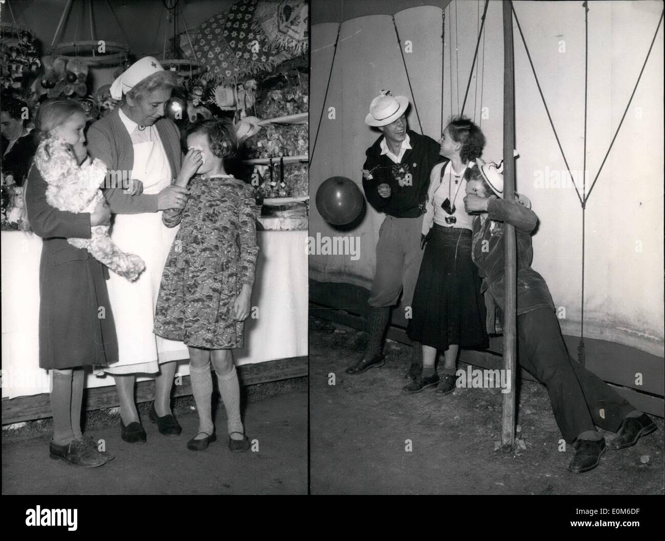 Ottobre 10, 1953 - Le gioie e le tristezze del Monaco di Baviera Oktoberfest: ombrelli, cappelli ,portafogli, inimmaginabile sono persi dai visitatori, talvolta e i bambini. Ma sono molto più facili da trovare come un portafoglio pieno. La croce si prende cura per questi ragazzi, drys le lacrime fino a mummia sceglie i. Immagine di destra mostra alcuni ''Wies'n-cadaveri''. Loewenbrau, Hofbrauhaus, Pschorbrau, il vino-nave perché essi fecero costruire in modo molto 'station?". Ora davvero tutto ciò che va su e giù, come su una nave e non anche il telegraffstaff vuole rimanere inpposition per un secondo. Foto Stock