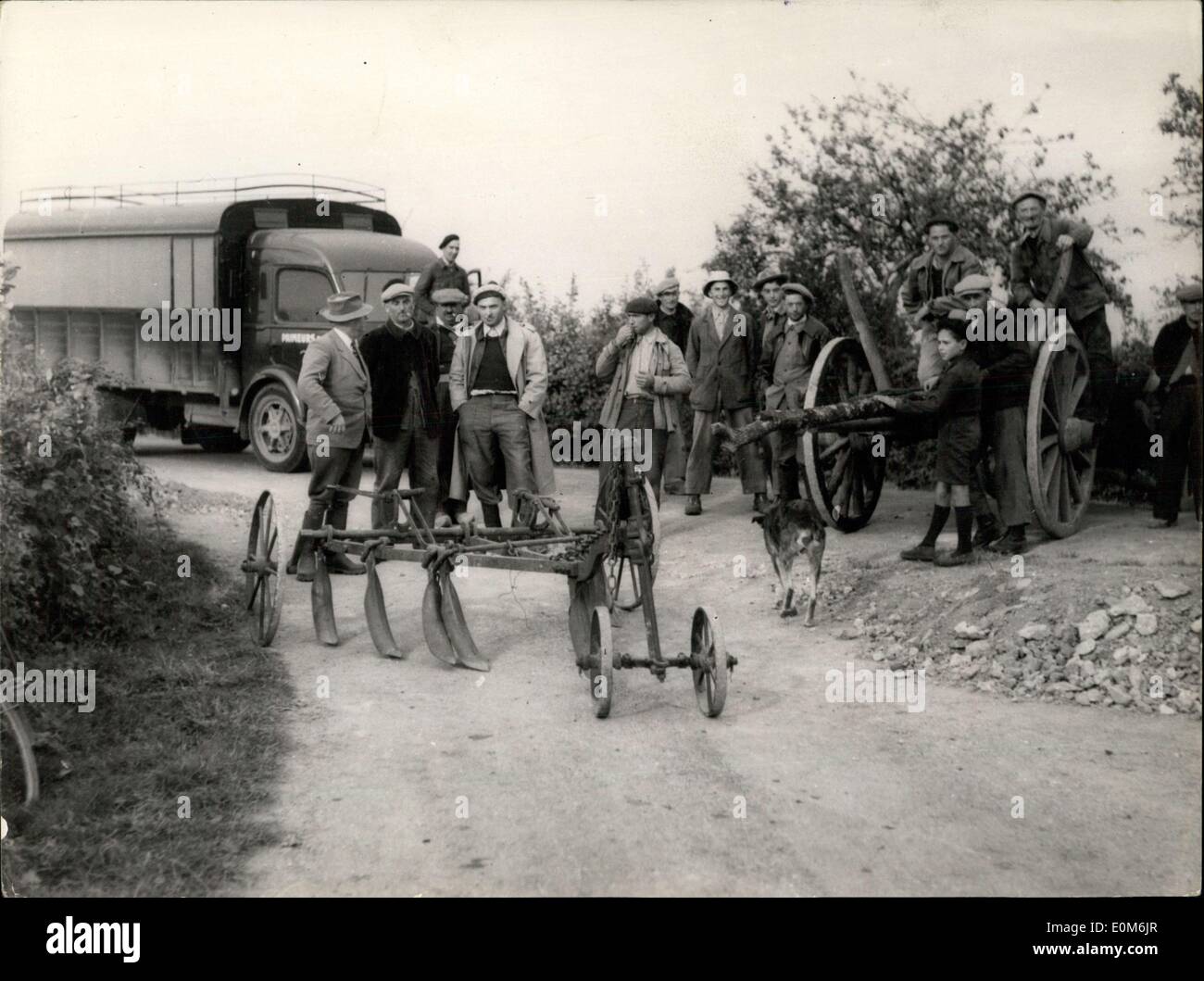 Ottobre 13, 1953 - Francese contadini proteste contro la ''Capovolto'' dei prezzi in agricoltura: i contadini del centro della Francia sono insoddisfatte. Dato che i prezzi nel settore agricolo hanno ruotato troppo giù. Per protesta, hanno appena recintata le strade verso l'alto. I contadini di San Firmin e Sant' Sulpice (Nievre) hanno recintato la strada. Foto Stock