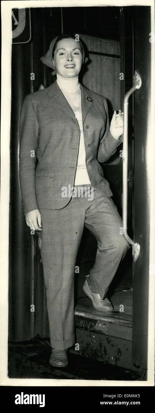 Ottobre 15, 1953 - Tamara Lees lascia per Roma - dopo la vacanza. Indossa controllare suit.: Film di star Tamara fecce, dopo la vacanza a Londra con il suo regista italiano Marito, Fulvio Vergari, sinistra Victoria questa mattina per Roma. Durante gli ultimi tre anni a Roma, è comparso in 26 film talvolta con tre alla volta. Mostra fotografica di Tamara Lees indossava questo controllo grigio tuta, quando ha lasciato la stazione di Victoria per Roma questa mattina. Foto Stock
