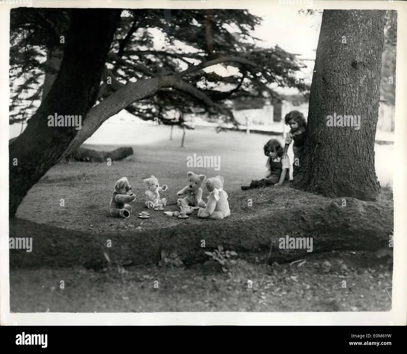 Nov. 11, 1953 - Picnic giorno per Orsetti: la famosa canzone venne alla vita in una radura in pozzetti, Somerset quando quattro anni e Ghislaime tre anni di Ceres Randall, due suore locali, è andato ad esplorare. Vi abbastanza sicuro - sono stati dei veri e propri orsacchiotti avente un picnic. Foto Stock