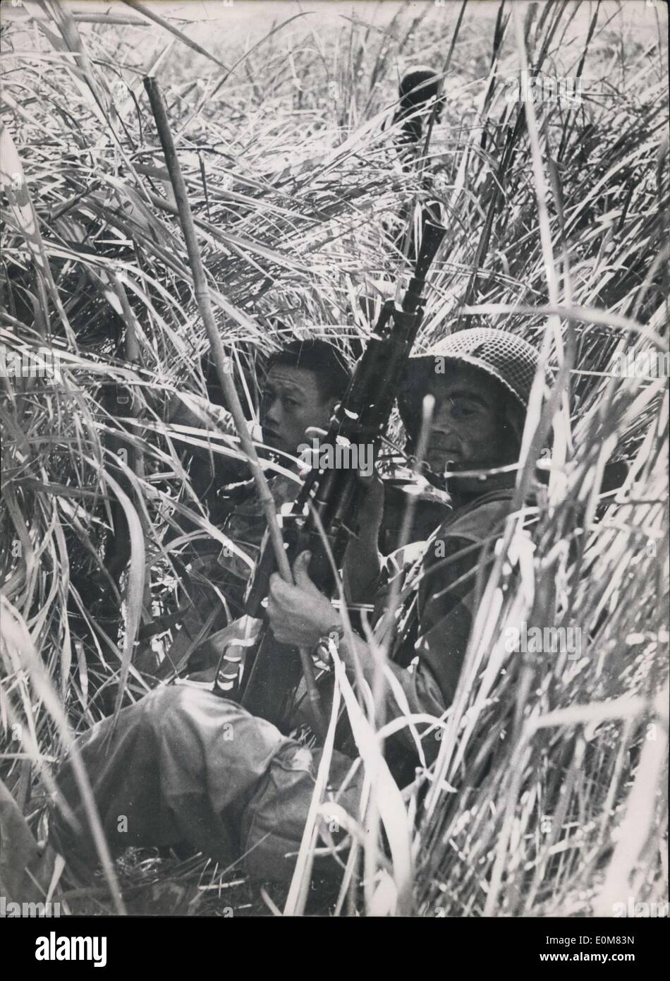 Gen 06, 1954 - Guerra in Indo-China: francese e il Vietnam soldato nascosto nei canneti della giungla in Laos quartiere dove feroci combattimenti in corso. Foto Stock