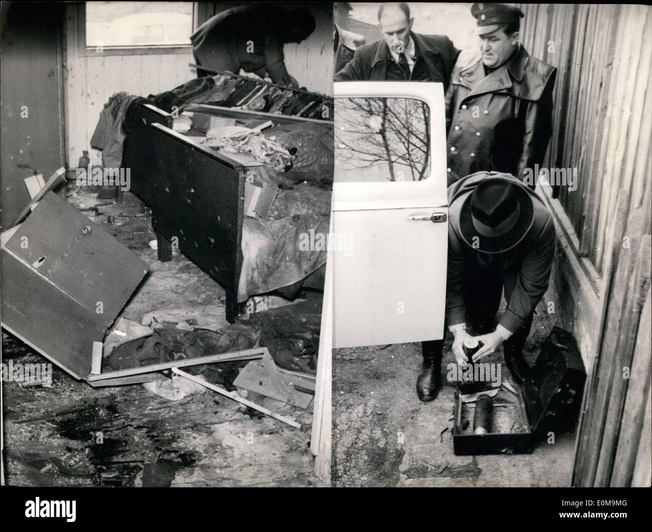 Apr. 13, 1954 - Un guscio misterioso esplosione di Nuernberg: una seconda volta durante le ultime sei settimane un guscio attentato avvenuto in Nuernberg. Il 25 anni Horst workless Schlenk aveva una bomba di shell in camera dei suoi genitori barack. Improvvisamente la bomba di shell sfruttata. Horst Schrenk era strappata in pezzi di una vecchia di 13 anni ragazzo che era stato in camera inoltre era pesante feriti. Ancora un altro guscio bomba è stata trovata nello stesso barrack. (Immagine a destra) Foto Stock