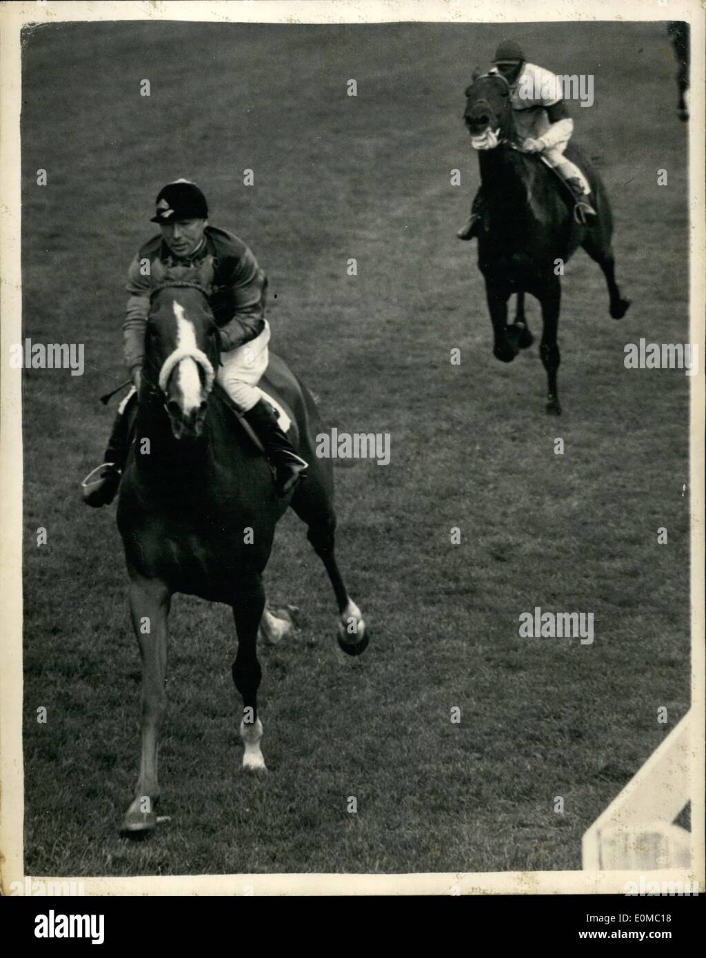 Giugno 06, 1954 - Racing a Epsom. Queen's cavallo vince la Coppa di incoronazione. Keystone Mostra fotografica di:- La scena a Epsom mostra la regina del cavallo della ''aureola'', cavalcato da E. Smith, vincendo la Coppa di incoronazione a Epsom, dal ''Chatsworth (F. Barlow) Foto Stock