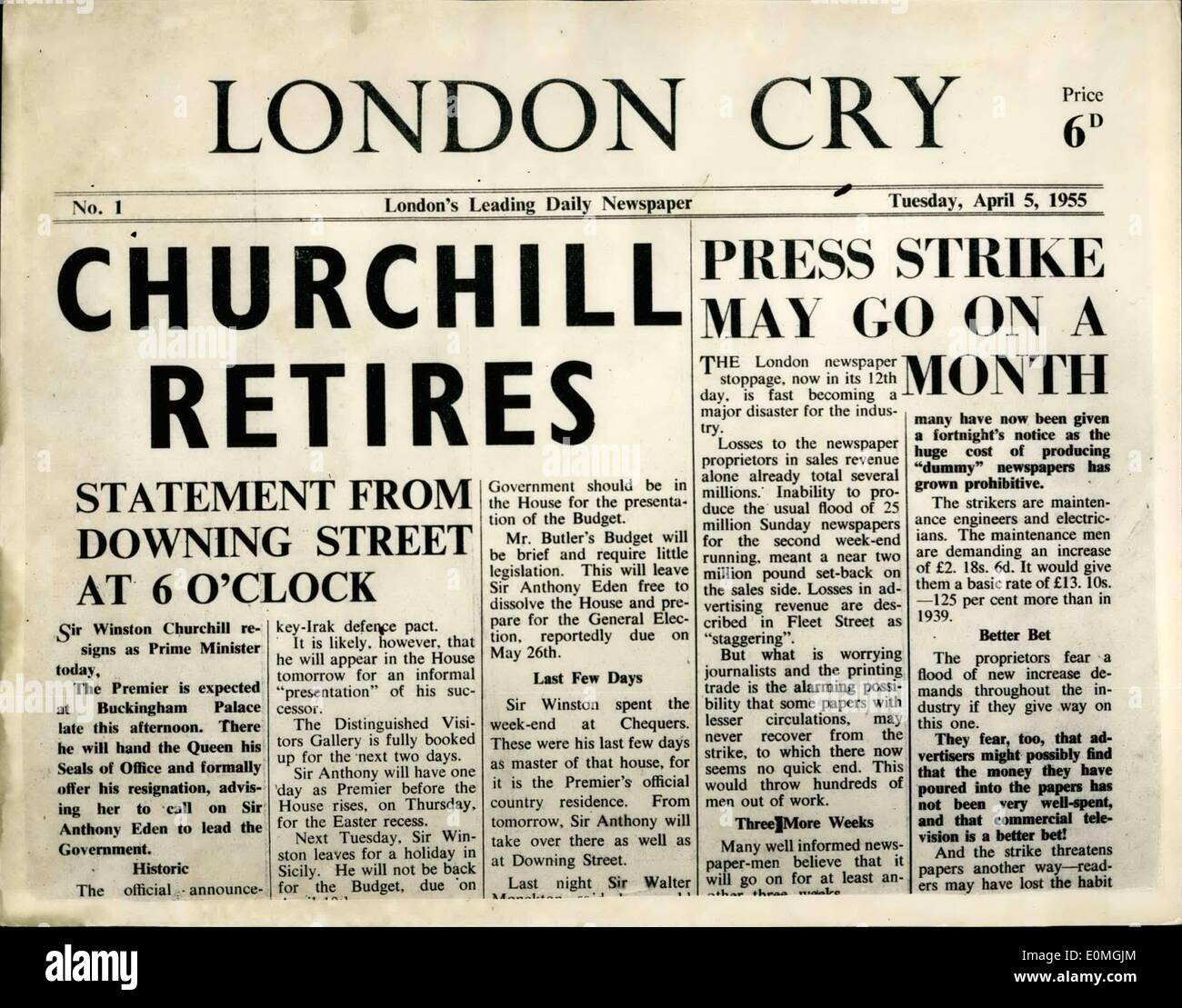Apr. 04, 1955 - ''Churchill si ritira" - dice il ''London Cry''. Strike News-Sheet appare: generalmente si ritiene che sia a Londra che Sir Winston Churchill è di ritirarsi dal suo posto di Primo Ministro questa sera. La mancanza di quotidiani - grazie agli elettricisti sciopero - ha creato una marea di piccole Singolo foglio ''quotidiani'' figurante su strade di Londra. Uno di questi è il ''London Cry'' - descritto come ''della Londra quotidiano leader''. Problema n. 1 è apparso oggi con la notizia ''Churchill si ritira'' - e le informazioni che il Primo ministro è di fare una dichiarazione da n. 10 Foto Stock