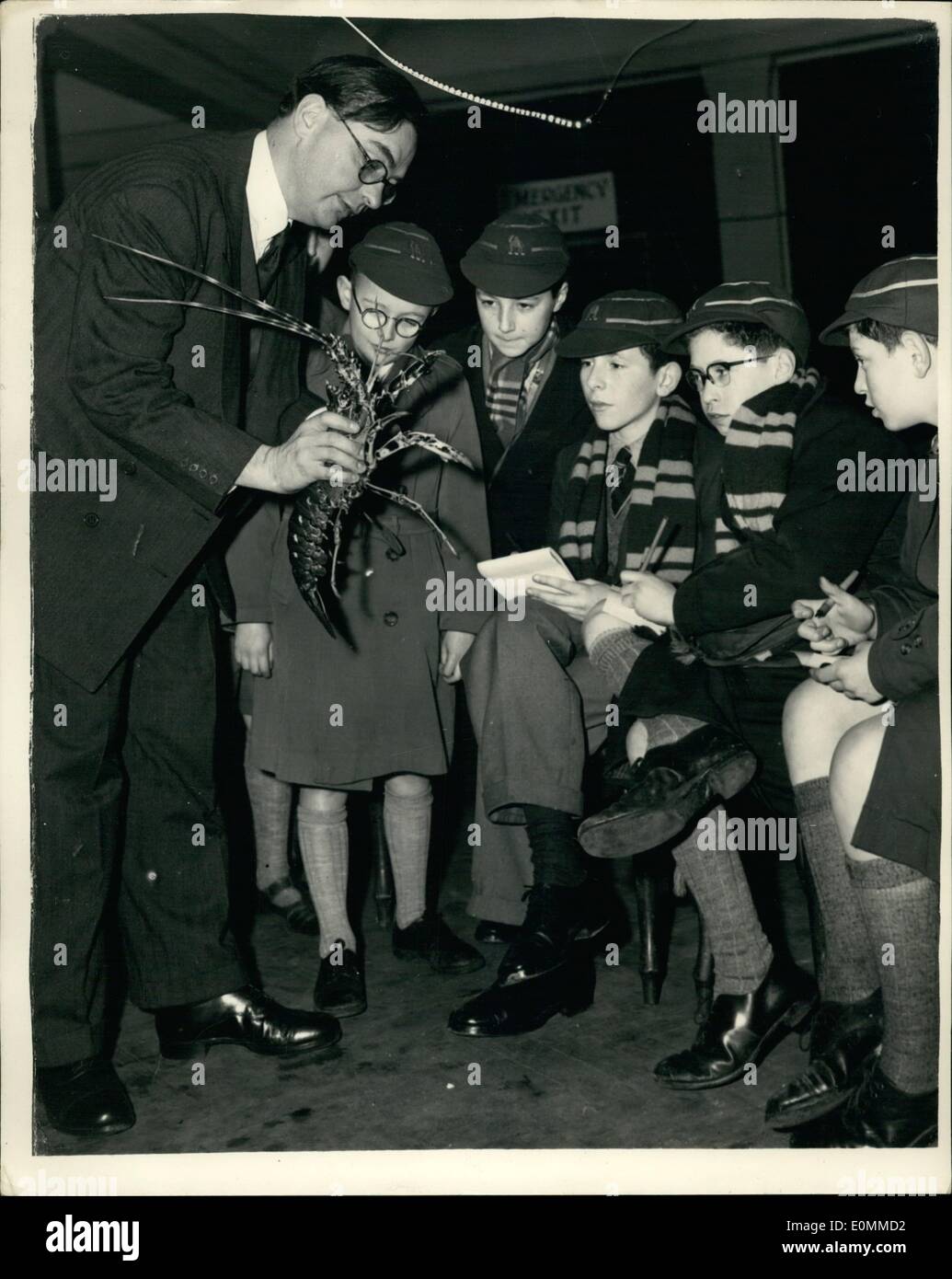 Il 12 Dic. 1955 - lezioni per bambini presso il London Zoo. ''Animali in mare''.: Dr. H. Gwynne Vevers era quello di essere visto presso lo Zoo di Londra questa mattina lezioni London County Council scolari secondario su ''Animali in mare''. Questo è parte del Consiglio regime per istruire i bambini durante le loro vacanze. La foto mostra il dott. H. Gwynne Vevers spiegando punto di interesse per i bambini con l'aiuto di un Marine il gambero di fiume nel padiglione Mappin allo zoo di oggi. Foto Stock