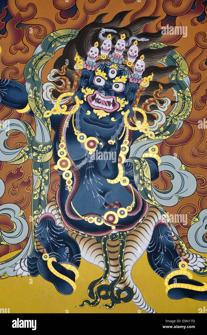 Bhutanese di pittura murale in King's Palace, Thimphu Bhutan Foto Stock