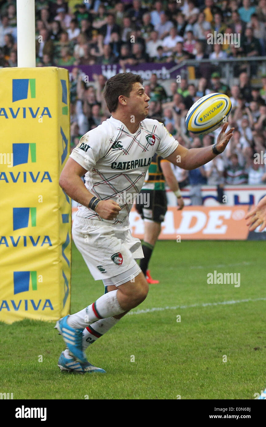 16.05.2014. Northampton, Inghilterra. Ben Youngs celebra il suo cliente durante la Aviva Premiership Play Off match tra santi di Northampton e Leicester Tigers a Franklins giardini. Foto Stock