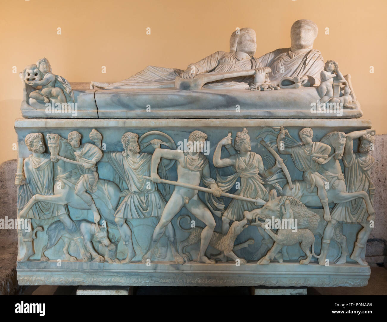 Sarcofago con Caledonia caccia al cinghiale, Musei Capitolini di Roma, Italia Foto Stock