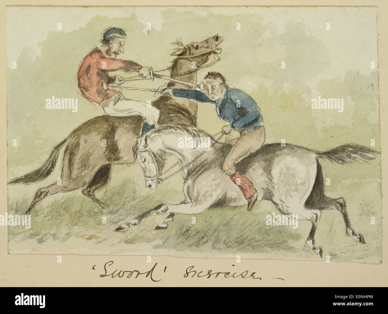 Una fotografia storica o un'illustrazione dell'esercizio della spada, una parte importante dell'allenamento marziale in varie culture. L'immagine raffigura individui che praticano l'uso delle spade come parte del condizionamento fisico e della preparazione al combattimento. Foto Stock