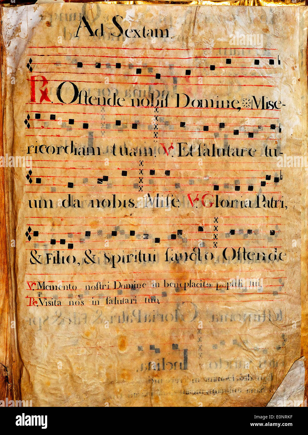 Questa immagine mostra una pagina di un manoscritto di canto spagnolo, che fornisce uno sguardo alle tradizioni musicali storiche. Il manoscritto è accuratamente conservato, con dettagli del canto chiaramente visibili. Foto Stock