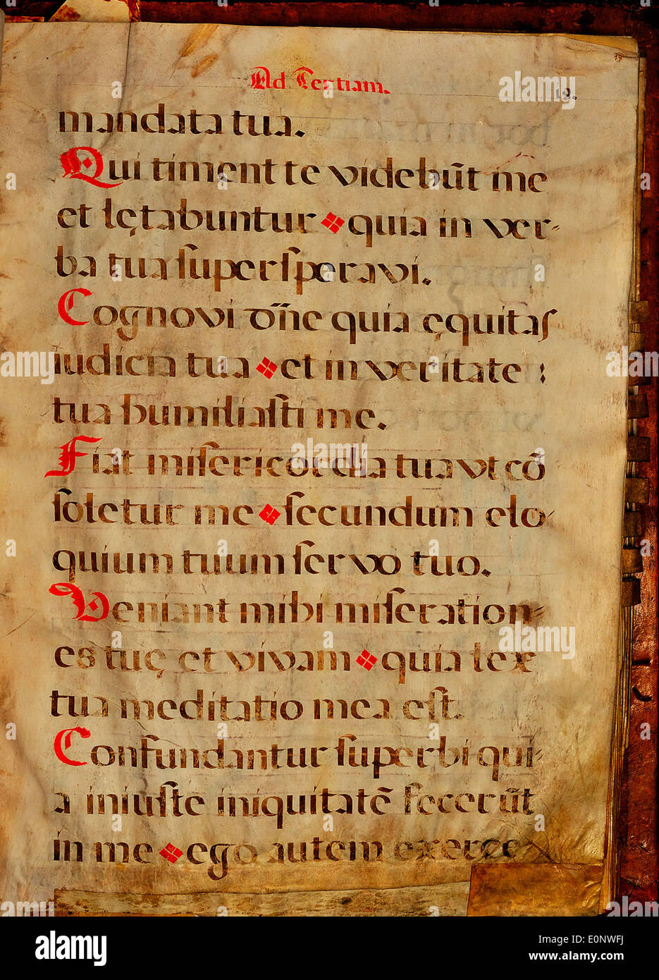 Una pagina da un manoscritto di canto spagnolo, che mostra notazione musicale e testo religioso. Questi tipi di manoscritti furono utilizzati per scopi liturgici, preservando i canti sacri nella tradizione spagnola durante il periodo medievale. Foto Stock